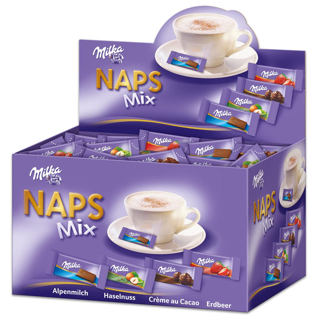 Milka Naps Mix 1 x 1,702 kg, Mini-Schokoladentäfelchen aus Alpenmilch, Erdbeer, Haselnuss und Crème