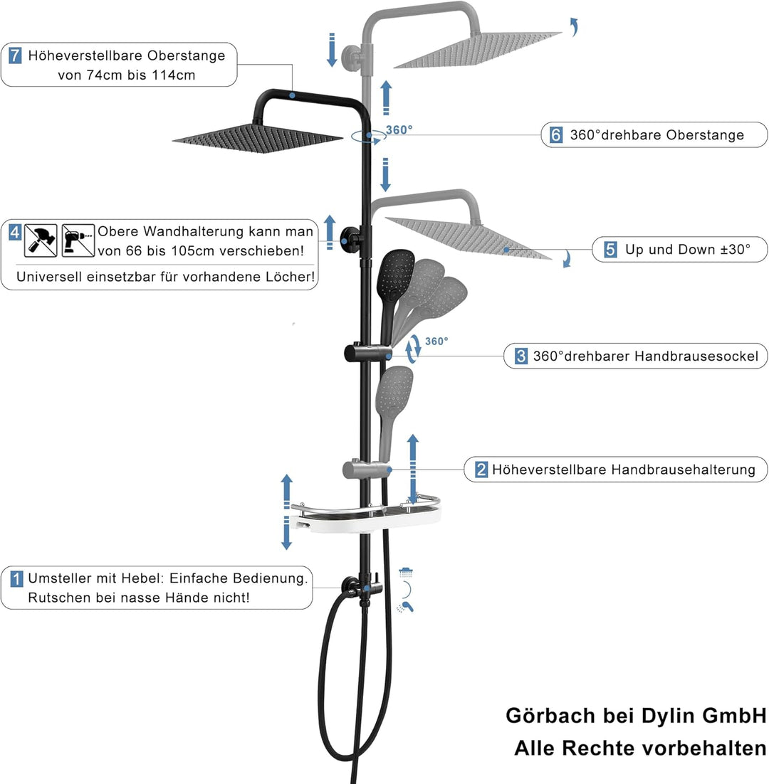 Görbach Duschsystem Duschset ohne Duscharmatur Überkopfbrauseset matt schwarz eckig (2020MB+Ablage)