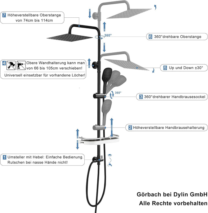 Görbach Duschsystem Duschset ohne Duscharmatur Überkopfbrauseset matt schwarz eckig (2525MB+Ablage)
