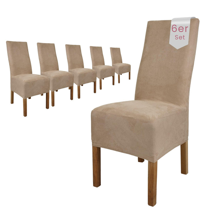 SCHEFFLER-Home Stuhlhussen 6er Set Leon Taupe/elastische Wildleder Hussen für Stühle/Robustes Freisc