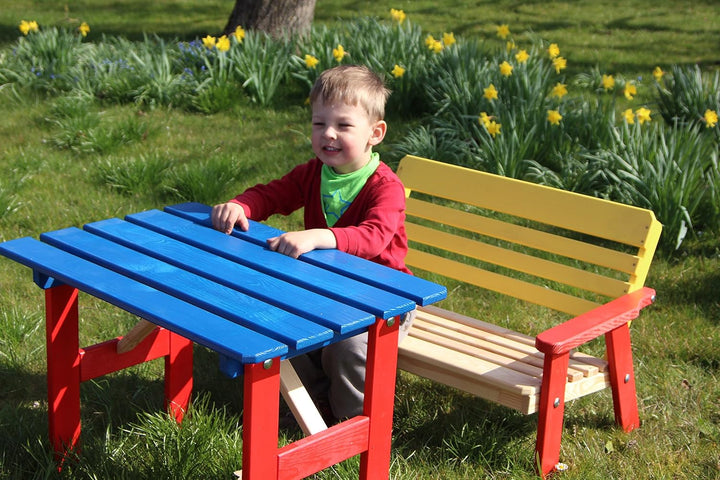 Kinder Sitzgarnitur 4-TLG. aus Holz, 2 Stühle, 1 Bank, 1 Tisch, farblich vorbehandelt