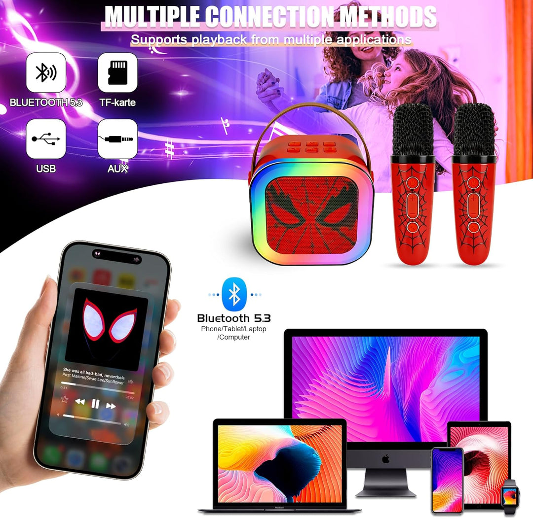 Karaoke Maschine Kinder Mit 2 Mikrofonen, Tragbarer WiederaufladbarBluetooth, Bunte LED Lichter, AUX