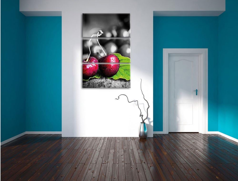 Pixxprint Tautropfen auf leckeren Kirschen schwarz/weiss 3-Teiler Leinwandbild 120x80 Bild auf Leinw