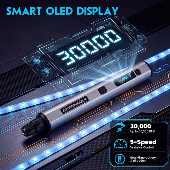 ARROWMAX 5 Gänge Mini Multifunktionswerkzeuge mit OLED, 30000 U/min | Gravierstift mit 30 Bits für M