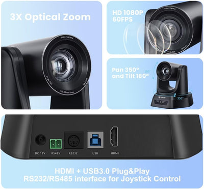 TONGVEO Konferenzkamera 3X Optischer Zoom 1080P HD PTZ Kamera für Skype/Zoom Videokonferenz YouTube