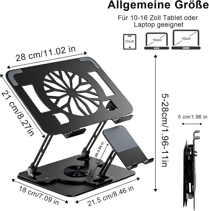 Laptop Ständer Höhenverstellbar mit Handy Halterung 360° Drehbar &amp; Platzsparend Klappbar Ergonomisch