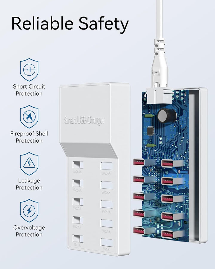 USB Ladegerät Mehrfach, Binamao 50W USB Ladegerät 10-Port Multi USB Netzteil, USB-A Ladestation Mehr
