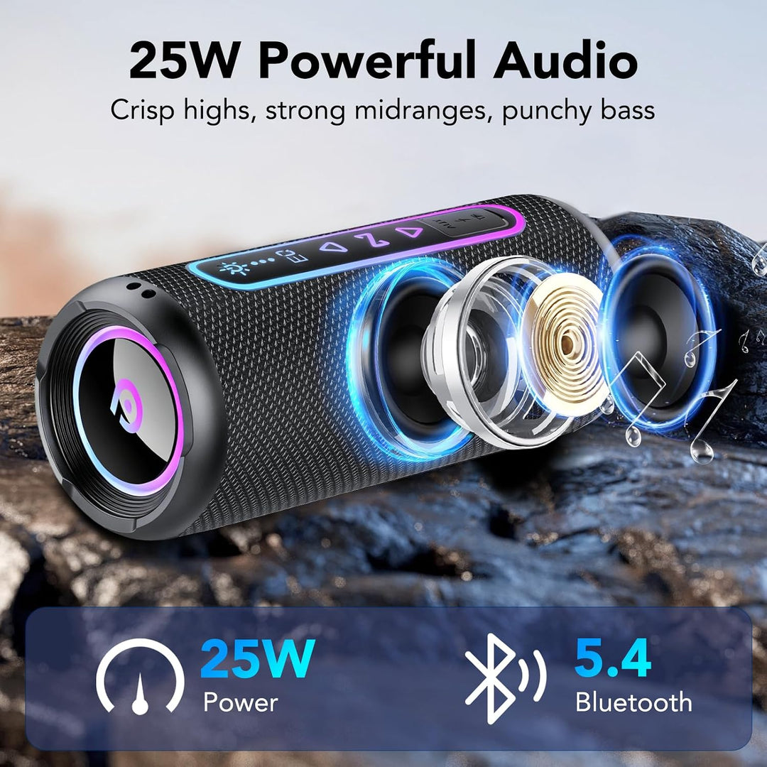 Bluetooth Lautsprecher mit Licht, 25W Musikbox mit Dualen Bass-Treibern | TWS Koppelbar Stereo Sound
