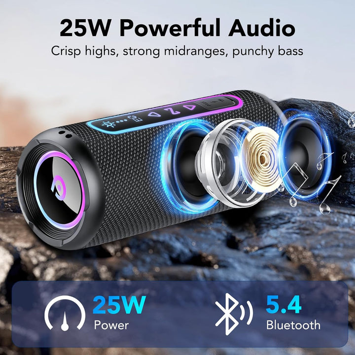 Bluetooth Lautsprecher mit Licht, 25W Musikbox mit Dualen Bass-Treibern | TWS Koppelbar Stereo Sound