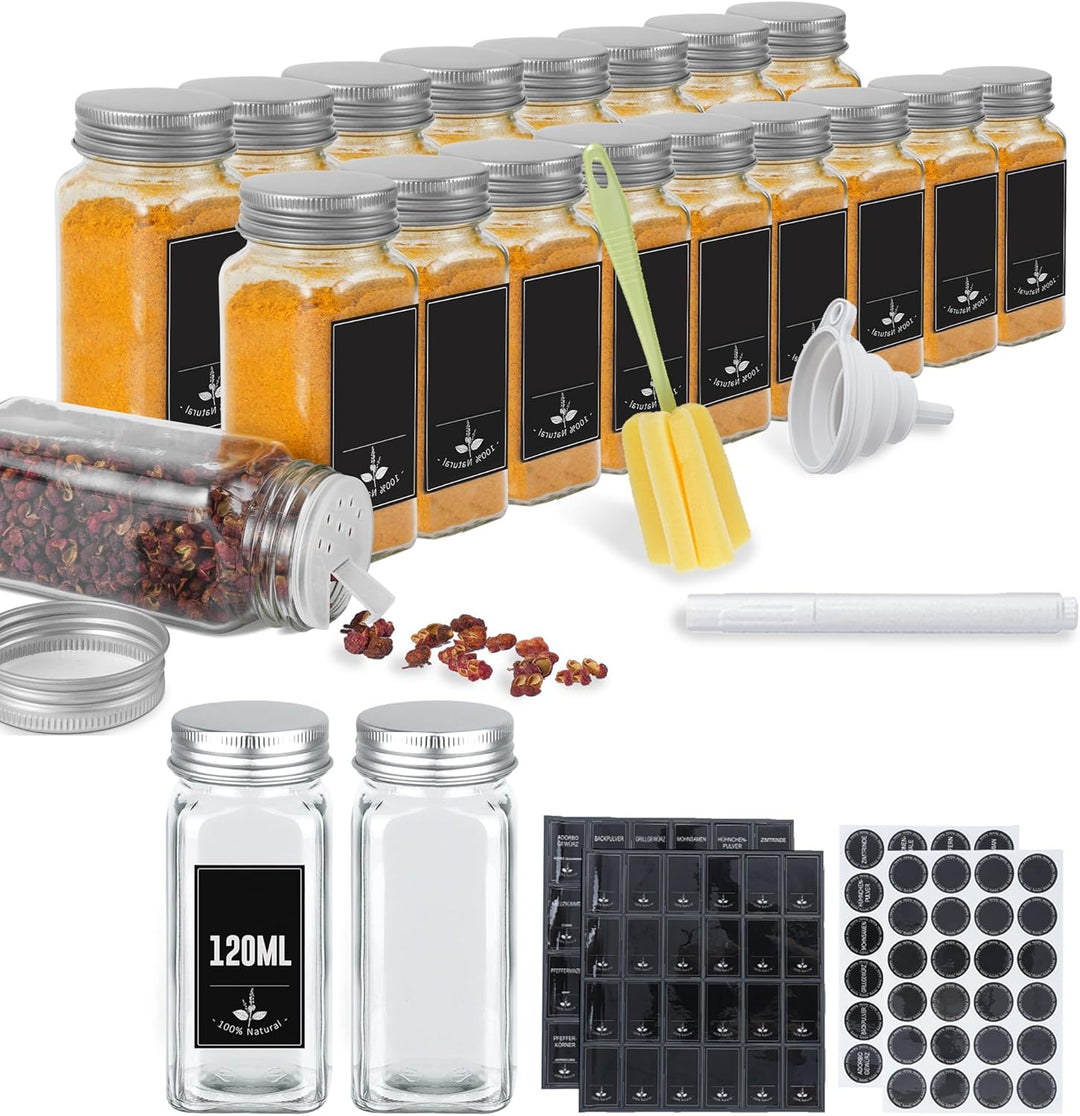 FIVMEN Gewürzgläser Eckig 120ML 24er Set Gewürzbehälter Gewürzdosen Glas mit Etiketten, Trichter, Re