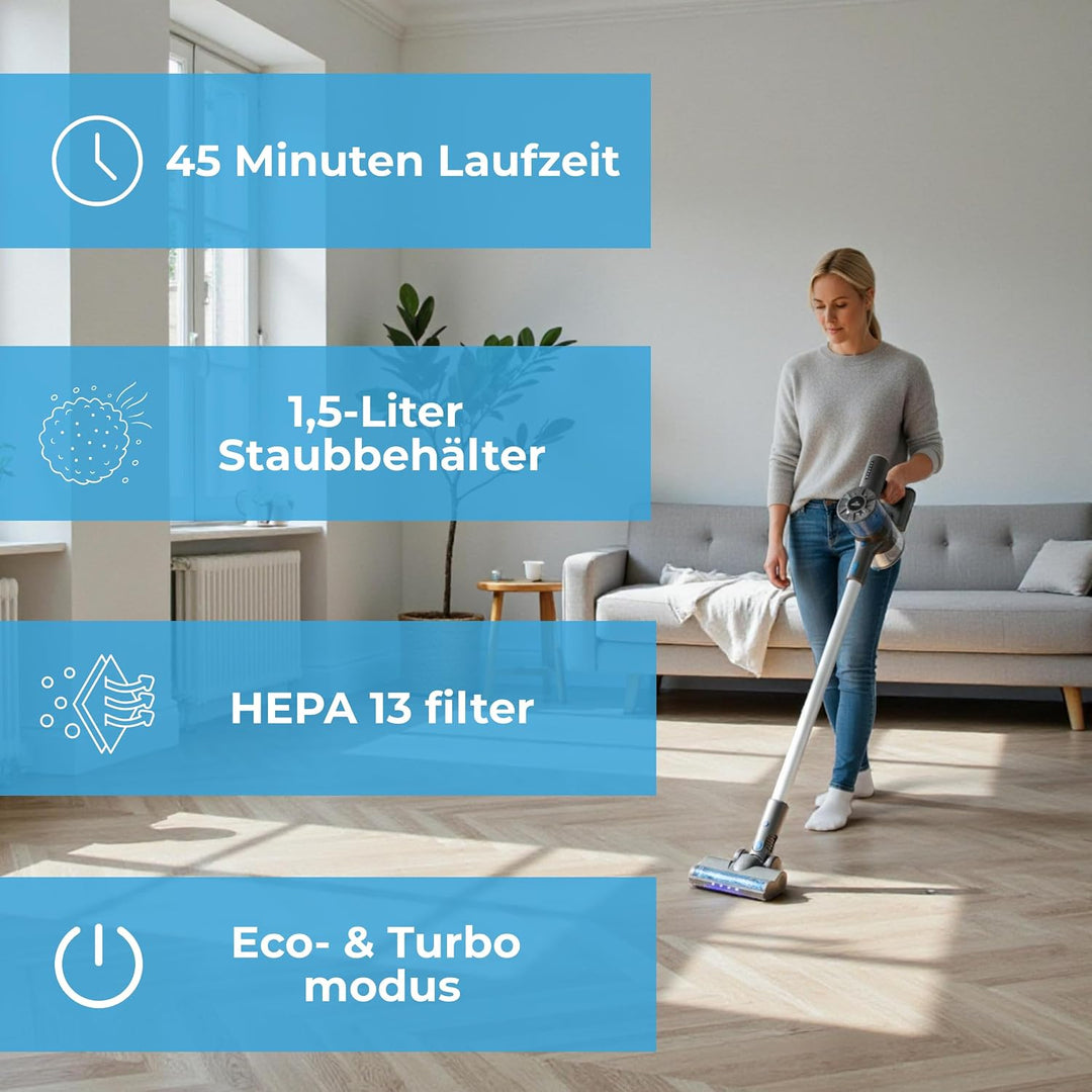Innova Akku Staubsauger 22000Pa/500 AirWatt/45Min, 1,5L Staubsauger Kabellos, Anti-Tangle-Bürste, Wa