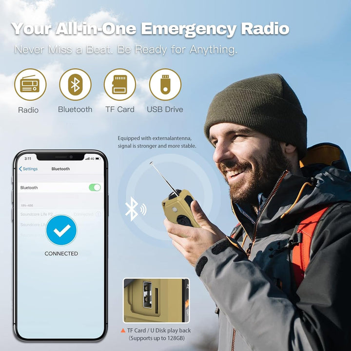 Tragbares Kurbelradio mit Bluetooth/USB Flash Drive/TF Anschlus, 2000mAh Akku AM/FM/SW Notfallradio