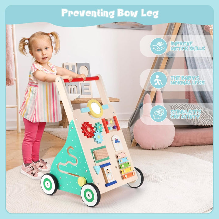 Asweets Lauflernwagen Baby, Montessori Holzspielzeug Baby Walker mit Spiegel und Activity Center, Mu