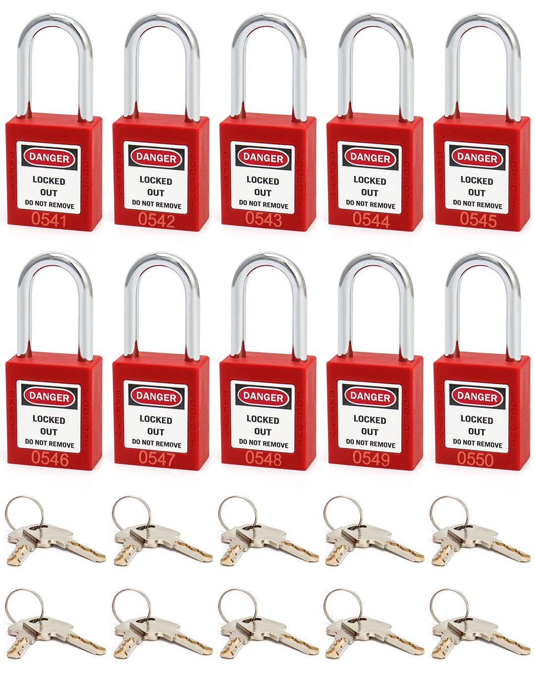 QWORK® Lockout Vorhängeschloss, 10Stk Vorhängeschlösser mit 20 Schlüssel, Rot, 38mm 10 PCS Stahl, 10