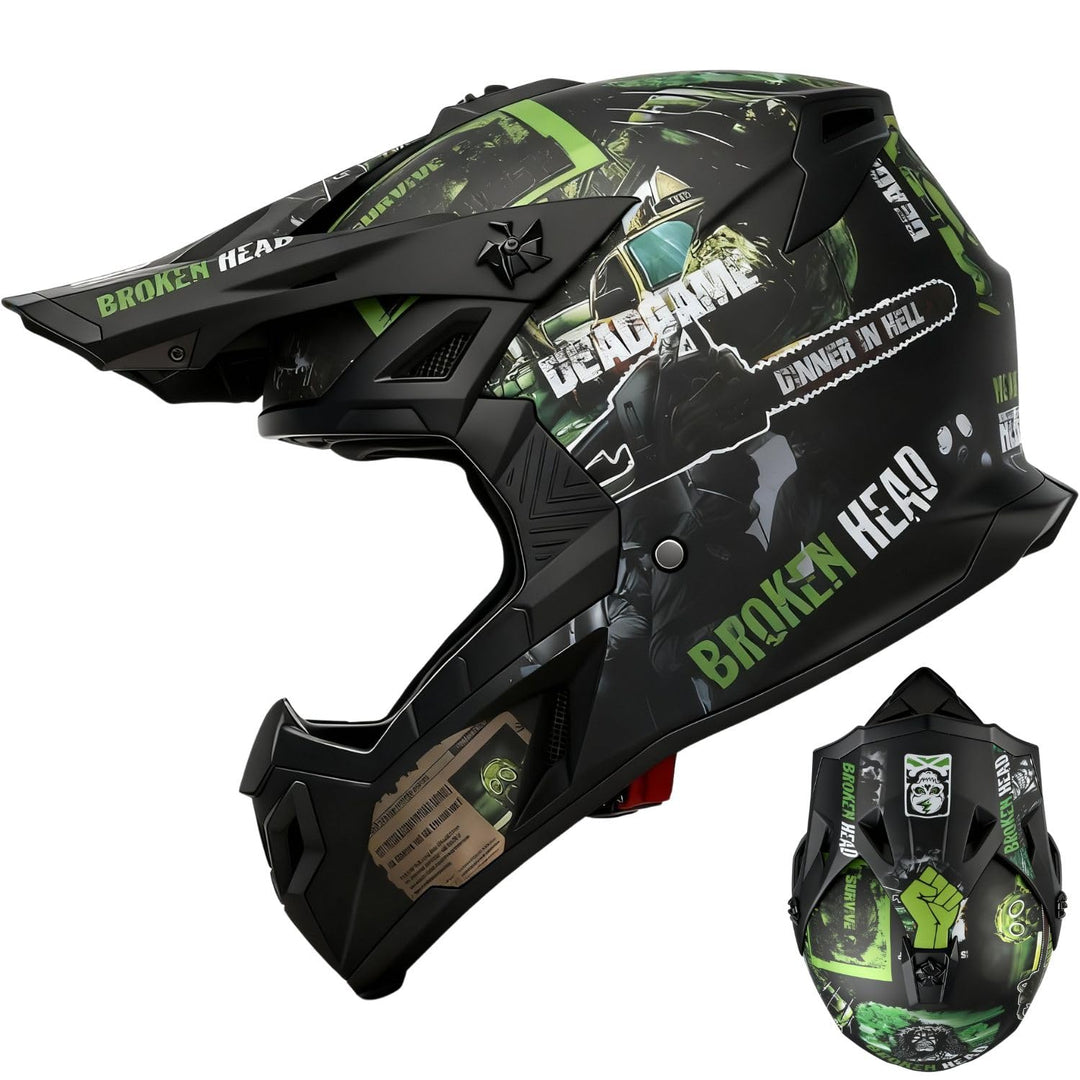 Broken Head Supermoto- & Motocross-Helm Resolution Grün - Schwarz-Grün S (55-56 cm) Crosshelm, S (55