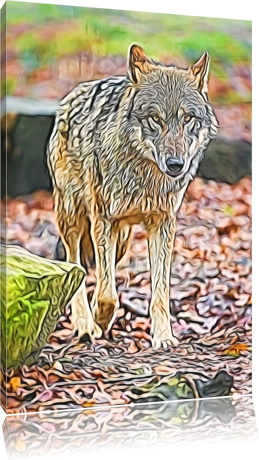 Wolf im Laubwald Deluxe Format: 100x70 cm auf Leinwand, XXL riesige Bilder fertig gerahmt mit Keilra