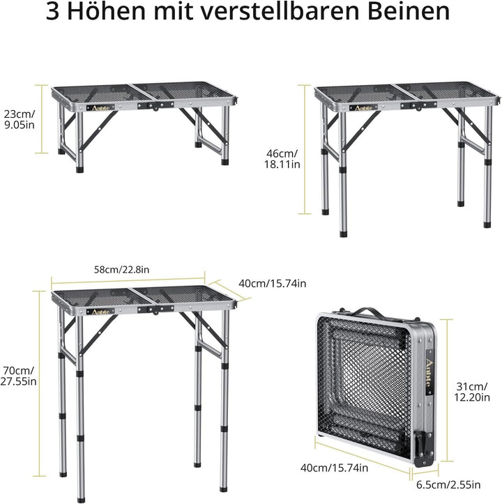 Anbte Campingtisch Klapptisch mit 3 Verstellbare Höhe Grilltisch aus Aluminium 60 * 40cm Koffertisch