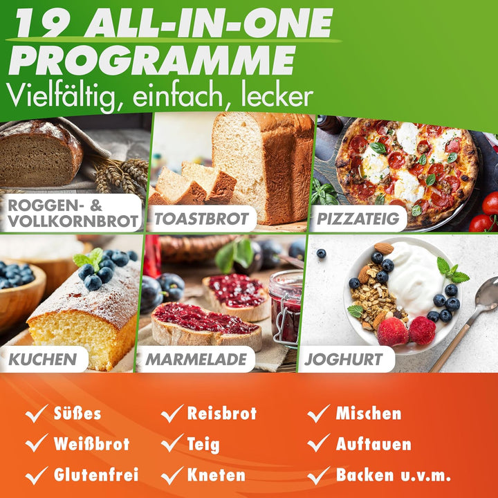 Nutrilovers NUTRI-BREAD-MAKER Edelstahl Brotbackautomat mit 19 Programmen, 3 Bräunungsstufen, Timer,