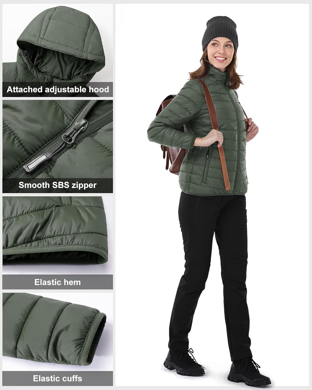 Damen Steppjacke Leichte Packbare Übergangsjacke Warme Winterjacke mit Kapuze für Frauen Gefüttert P