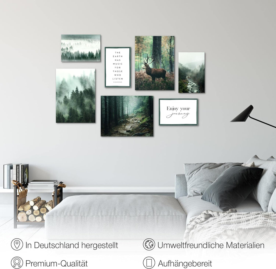 Novart Wandbilder Wald Hirsch - KOMPLETT AUFHÄNGFERTIG - Natur Grün Wohnzimmer Schlafzimmer- 7 Moder