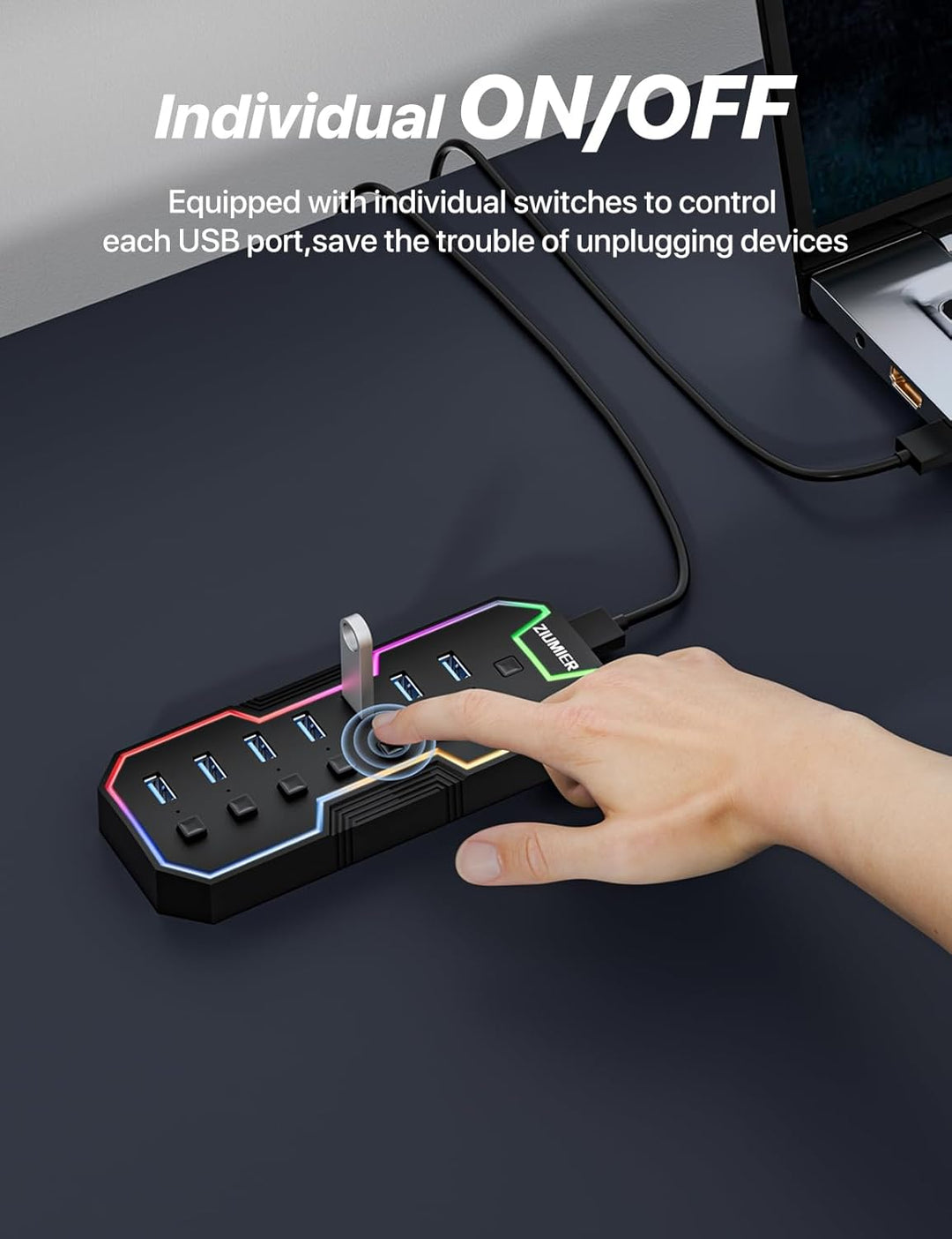 ZIUMIER USB 3.0-Hub, 7-Port-USB-Expander mit RGB-LED-Streifen für MacBook, Mac Pro, Mac mini, iMac,