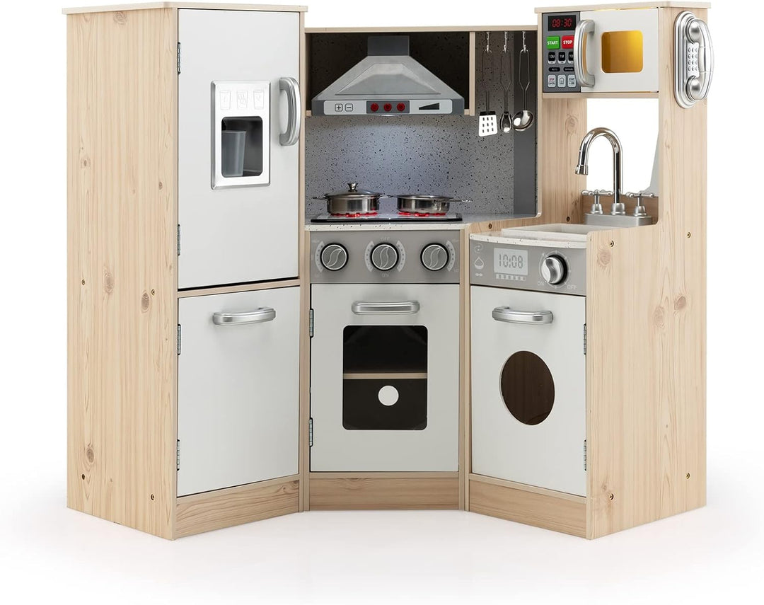 COSTWAY Kinderküche mit zubehör, Spielküche Holz mit Licht & Sound, Eckküche Kinder inkl. Spüle Ofen