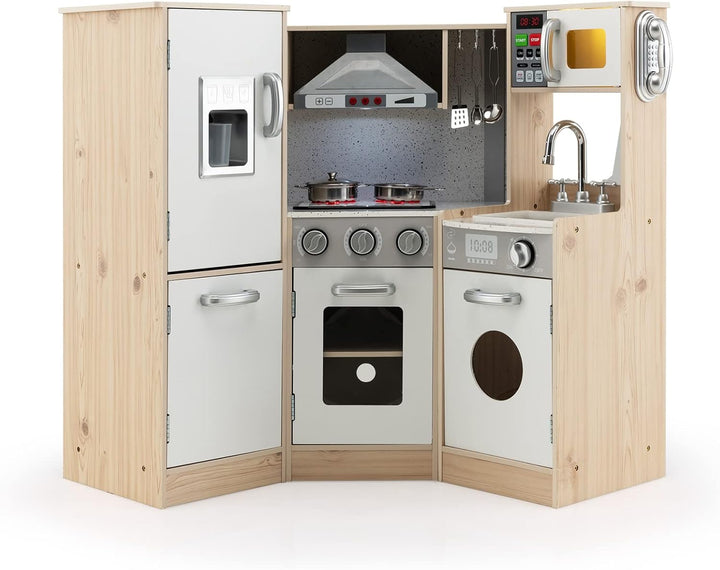 COSTWAY Kinderküche mit zubehör, Spielküche Holz mit Licht & Sound, Eckküche Kinder inkl. Spüle Ofen