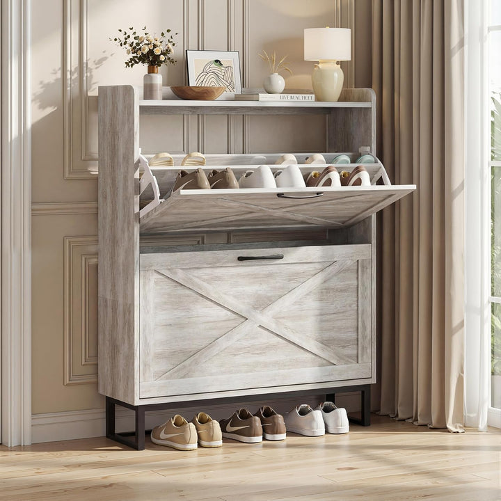 Schuhschrank schmal, Schuhkipper mit 2 Klappen, Schuhregal mit 4 Ablageflächen für Flur, Schuhkommod