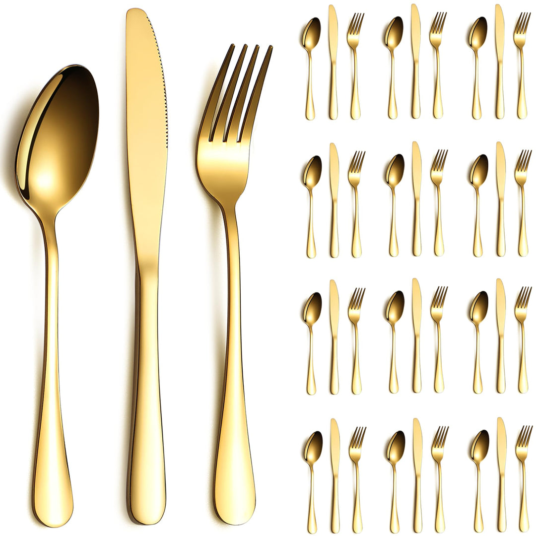 Gold Besteck Set 36 Teile Service für 12, Edelstahl Messer Löffel Gabeln Set für Hochzeit, Partys, A