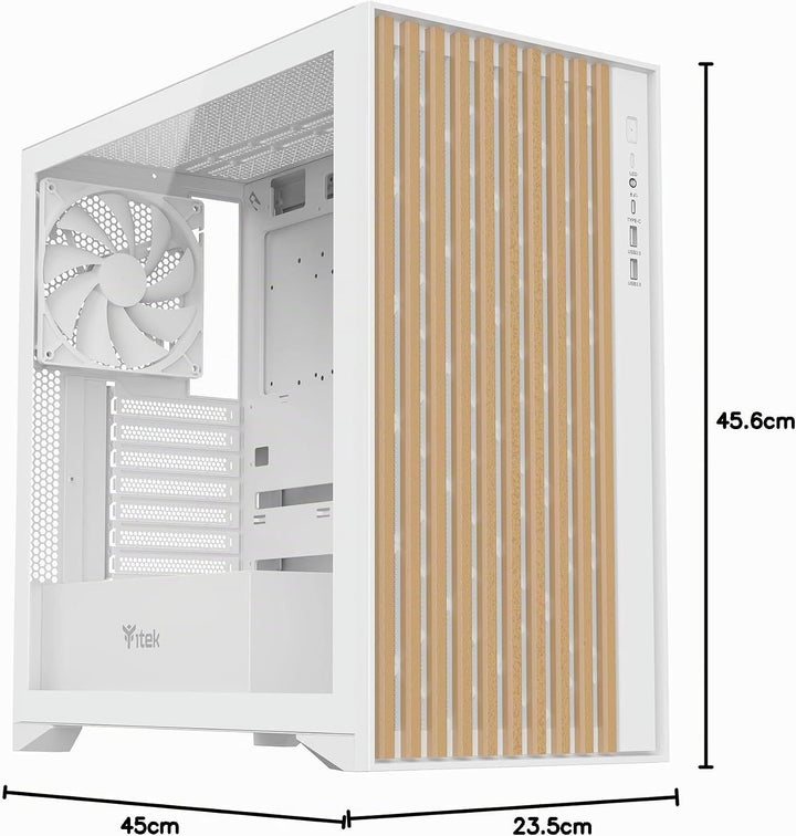 Itek Case Woody - Gaming Tower, ATX, 3x14cm White Fan, 2xUSB3, Type-C, Wood Front, Temp Glass Side P
