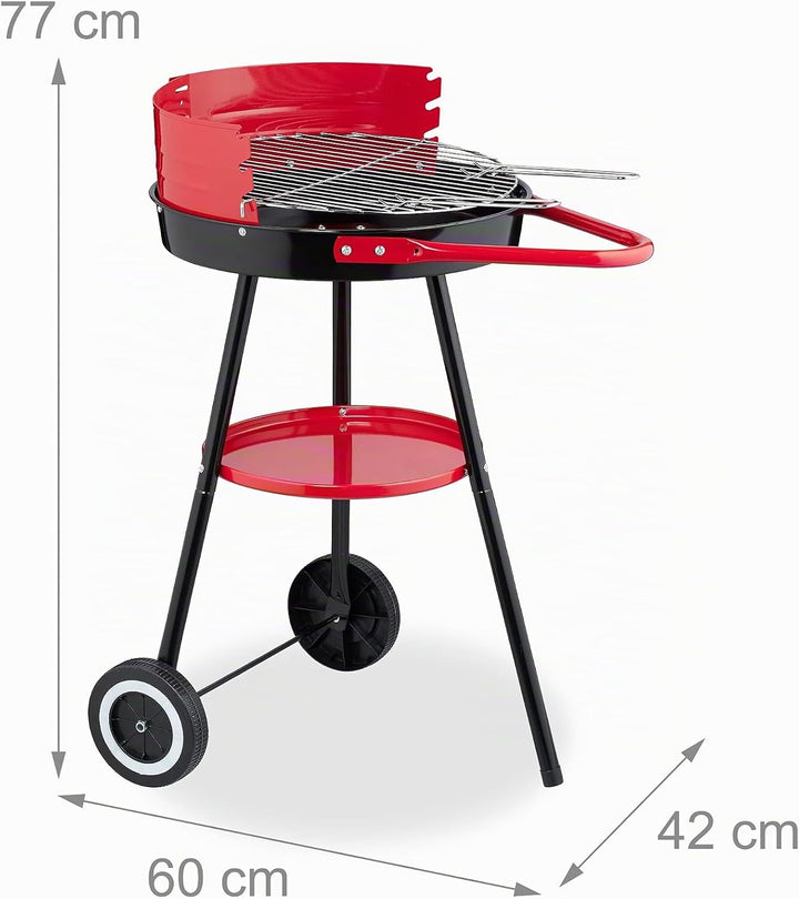 Relaxdays Holzkohlegrill mit Rollen, Ø 42 cm, Picknickgrill Garten &amp; Park, Griller, Windschutz, Rund