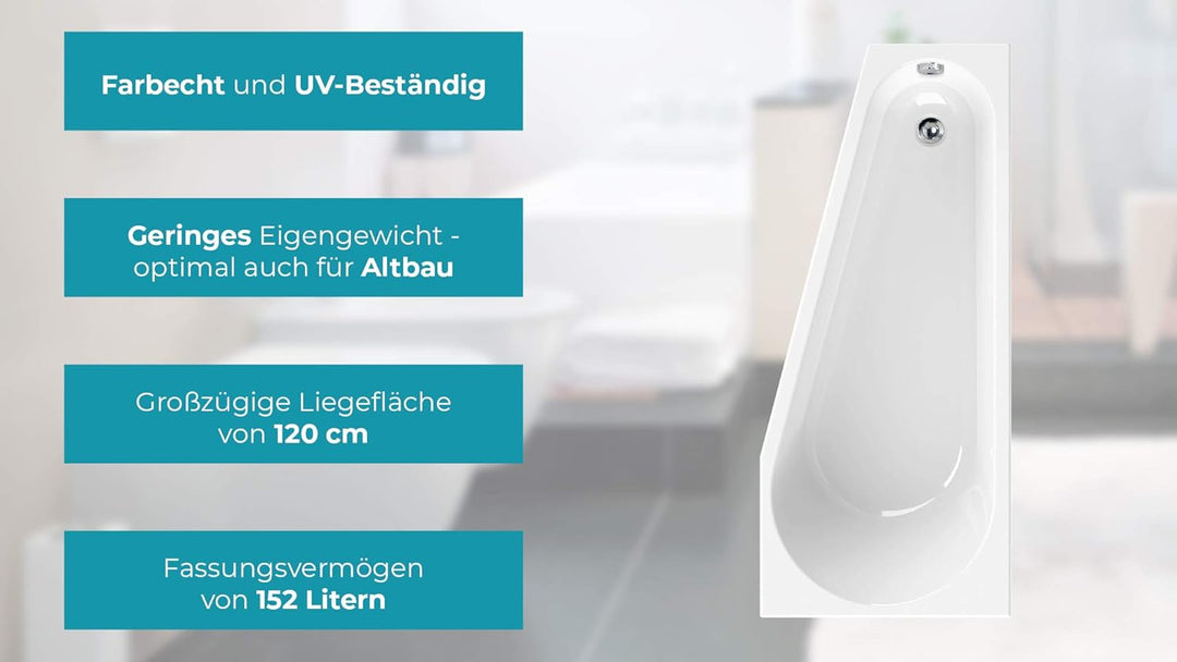 Calmwaters® Raumsparende Eckbadewanne 160x70 cm, Acrylwanne Essential Small, platzsparende Badewanne