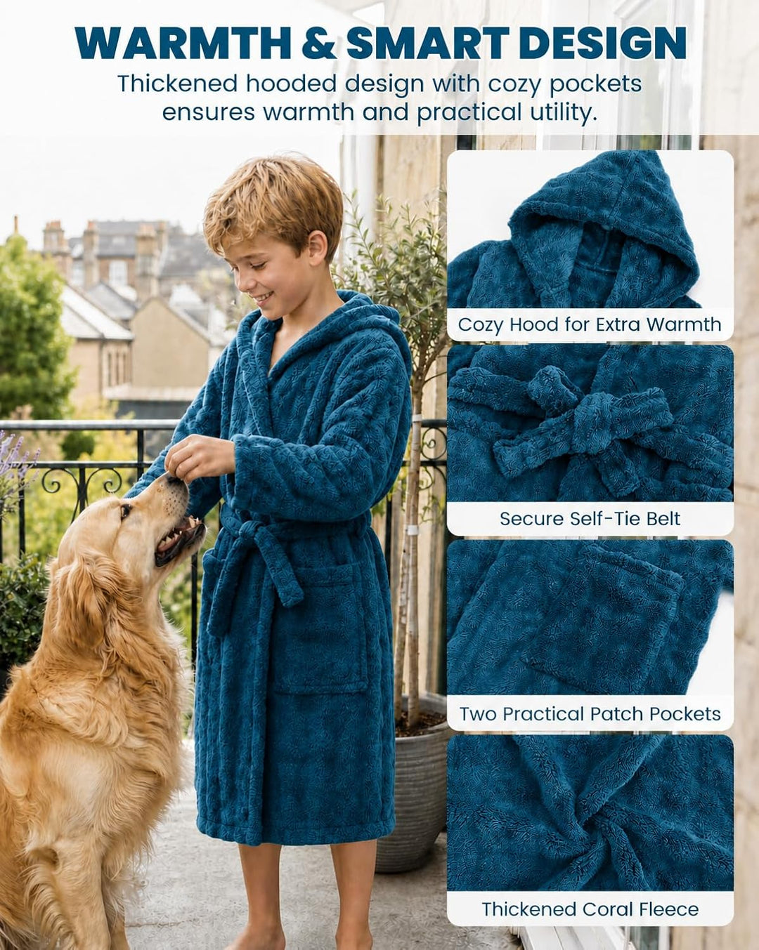 JiAmy Kinder Fleece Bademantel mit Kapuze 10-12 Jahre Marineblau, 10-12 Jahre Marineblau