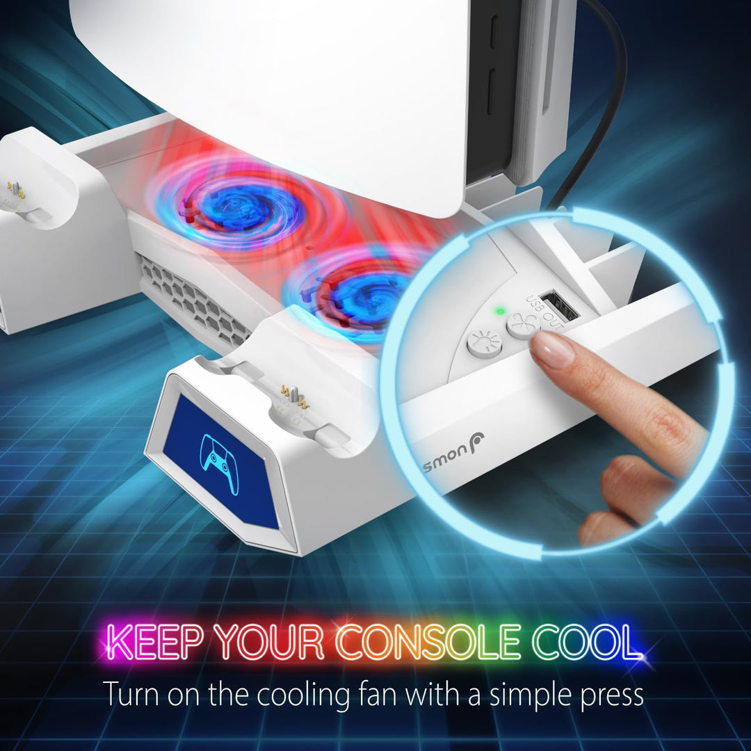 Fosmon - PS5 Ständer mit 3 stufig Lüfter und Licht, PlayStation 5 Slim/pro Standfuss mit 2 USB Ports