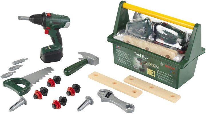 Theo Klein Bosch Werkzeug-Box I Mit Hammer, Säge, Rollgabelschlüssel und vielem mehr I 31 cm x 16,5