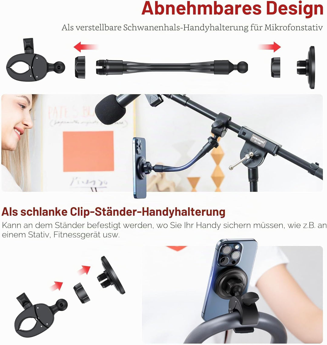 Mikrofonständer Telefonhalterung, Magnetische Telefonhalterung mit abnehmbarem Schwanenhals und Verr