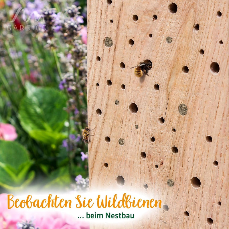 GARDIGO® Insektenhotel für Wildbienen | Unikat Bienenhotel Stamm ca 70 cm aus massivem Eichenholz |