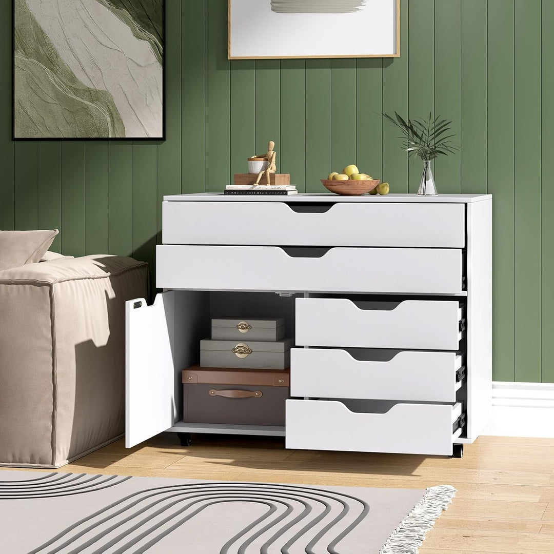 COSTWAY Rollcontainer mit 5 Schubladen Weiss, mobiler Aktenschrank mit Rollen & Tür, Schubladenschra