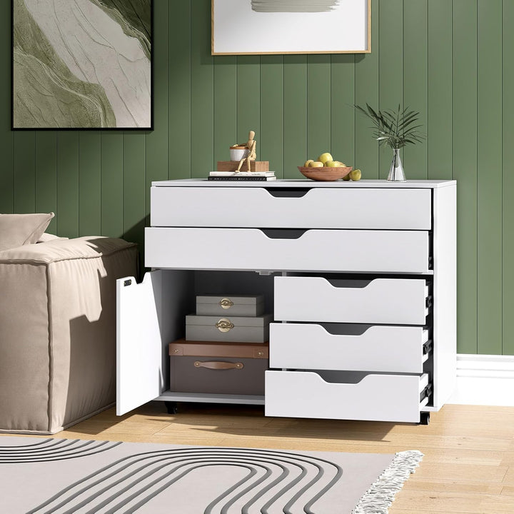 COSTWAY Rollcontainer mit 5 Schubladen Weiss, mobiler Aktenschrank mit Rollen & Tür, Schubladenschra