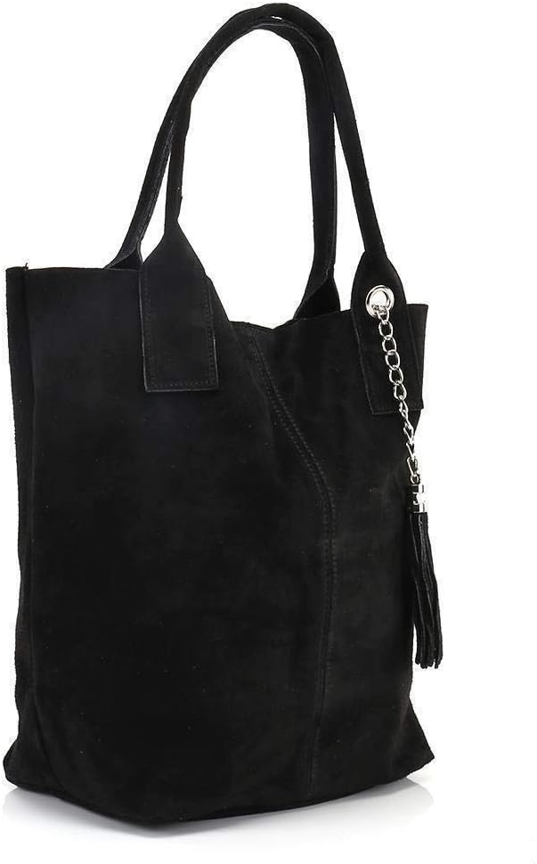 Made IN Italy Damen XXL Leder Tasche Wildleder Shopper Schultertasche + Schmucktasche Blau, Blau