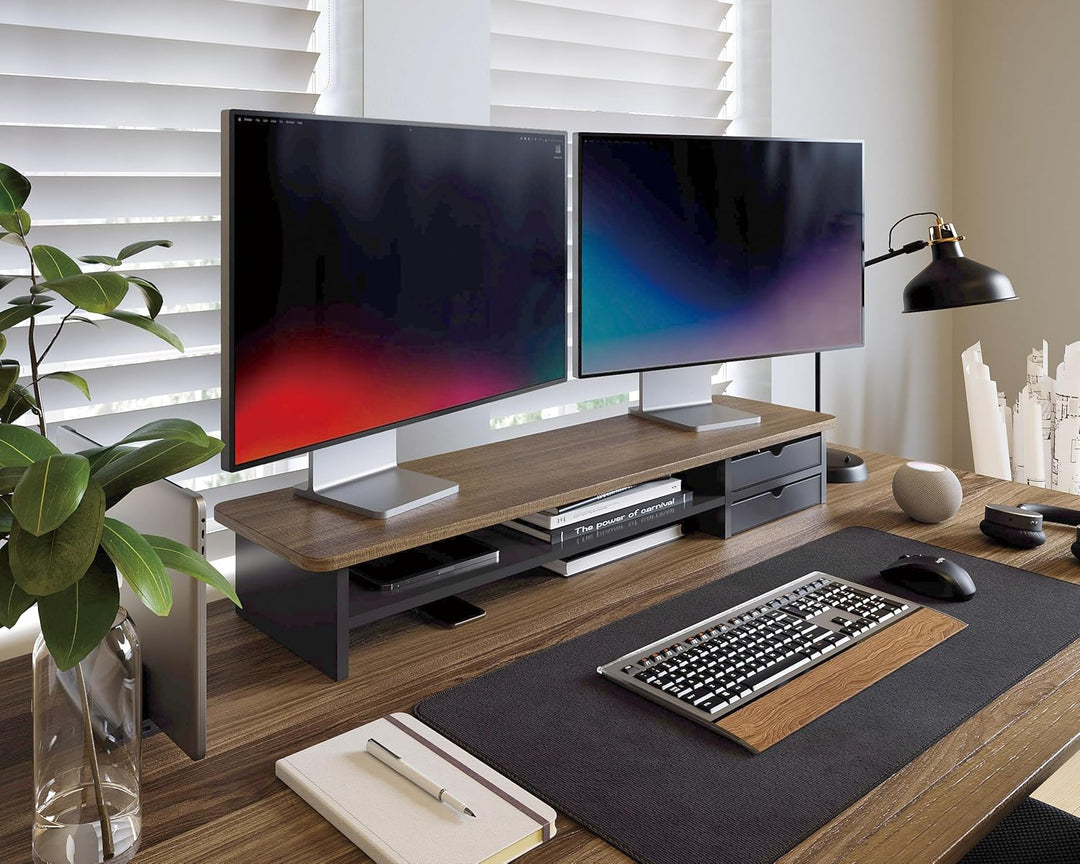 Fenge Dual Monitorständer Riser mit 2 Acryl Schubladen 108cm Grosse Computer Bildschirmständer für P