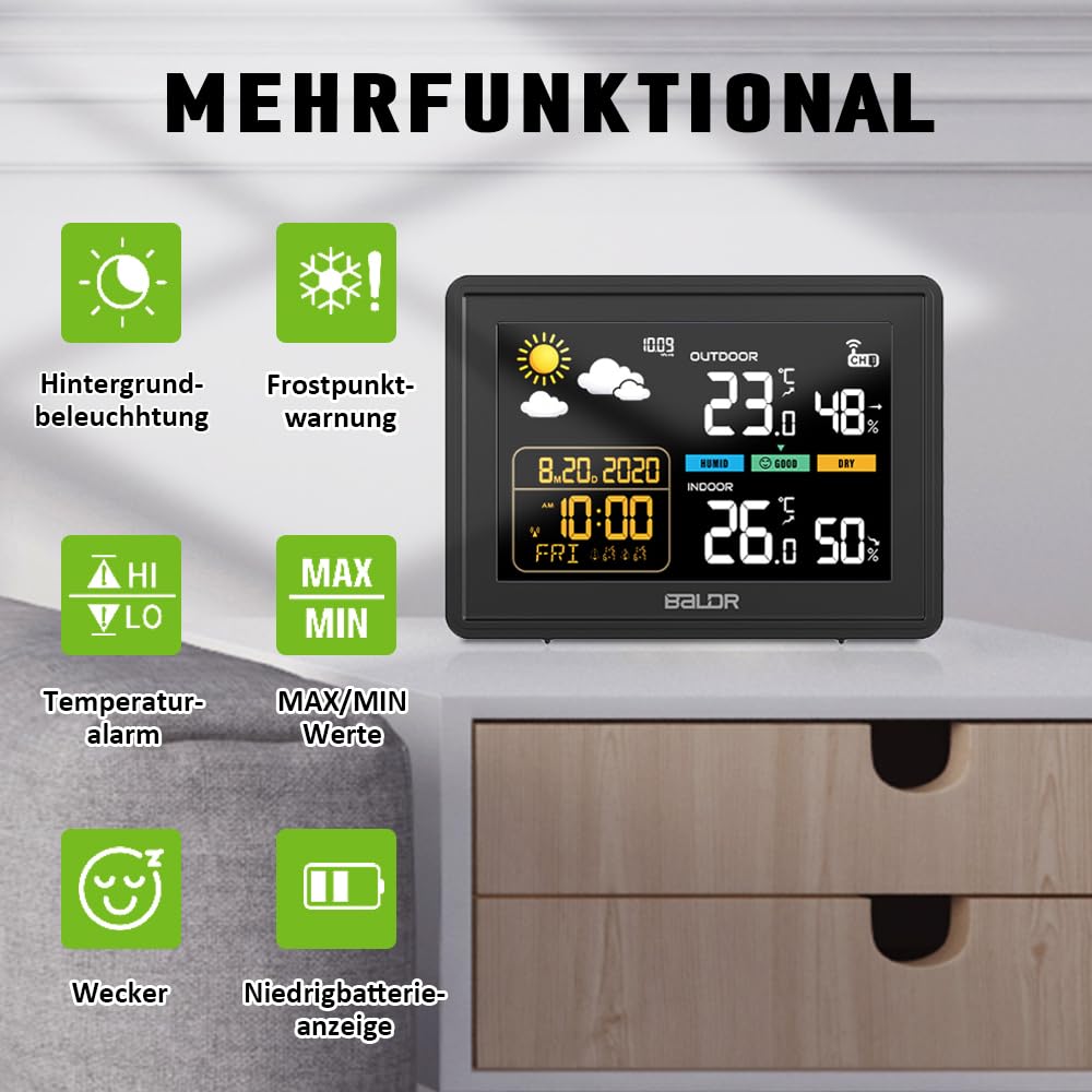 Konsen Wetterstation funk mit Aussensensor DCF Funkuhr, Farbdisplay mit grossen Zahlen von Innen und