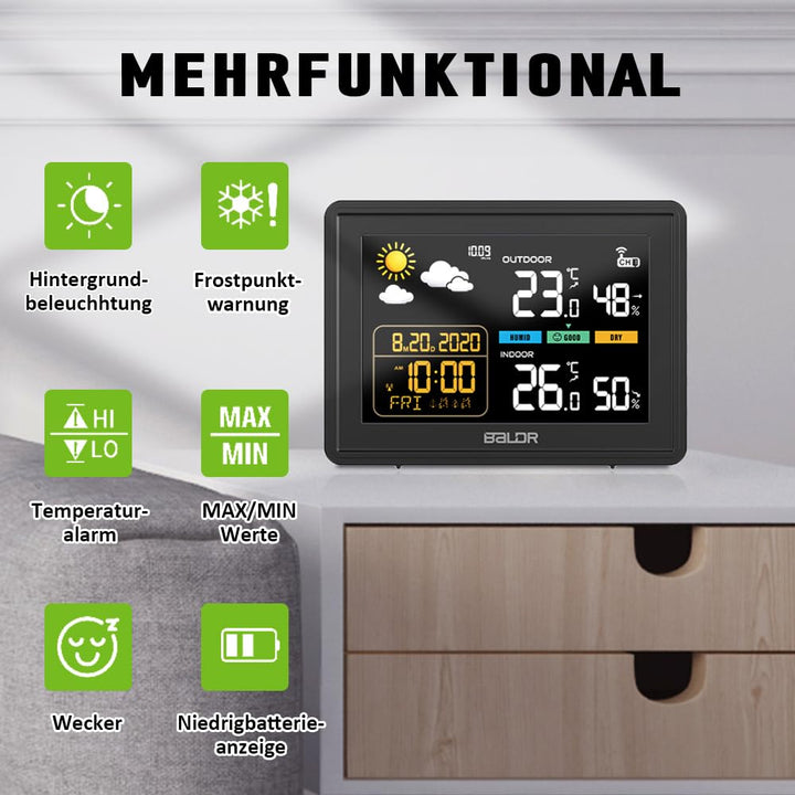 Konsen Wetterstation funk mit Aussensensor DCF Funkuhr, Farbdisplay mit grossen Zahlen von Innen und