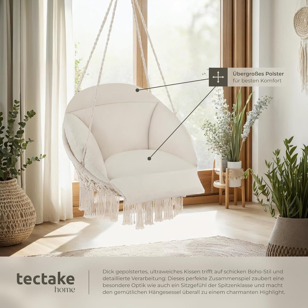 tectake® Hängesessel, Hängeschaukel mit dicken Kissen & Quasten, Boho Hängekorb Ø 80 cm, Hängesessel