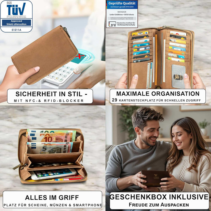 MATADOR Lange Damen Geldbörse XXL Frauen Portemonnaie TüV Geprüfter RFID Schutz Scheintasche Geldtas