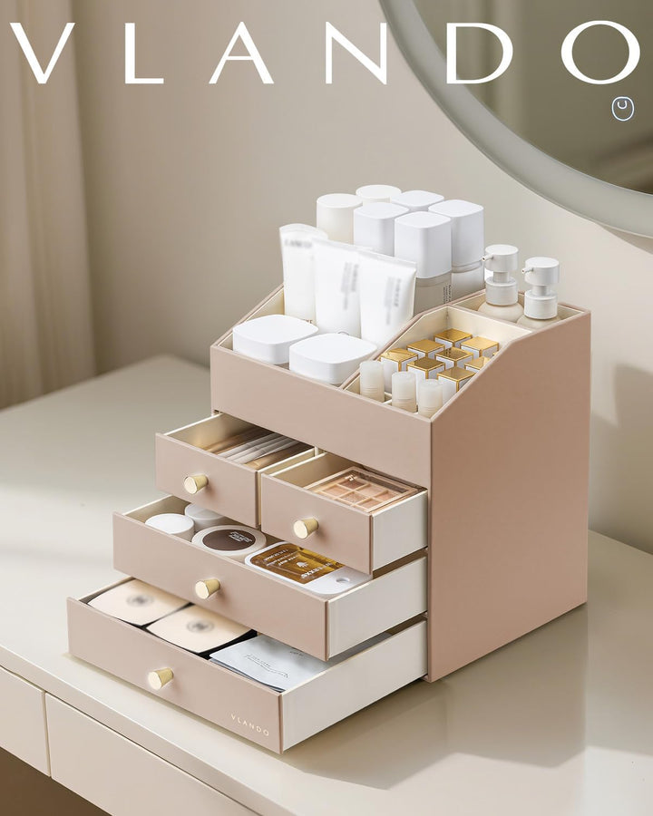 VLANDO Make up Organizer mit 4 Schubladen, Schminktisch Kosmetik Skincare Parfüm Organizer, für Bade