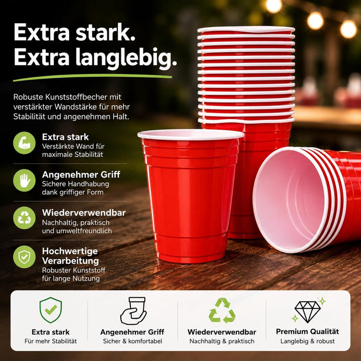 Red Cups extra stark – 473 ml / 16 oz Beer Pong Becher, wiederverwendbare Partybecher, rote Plastikb