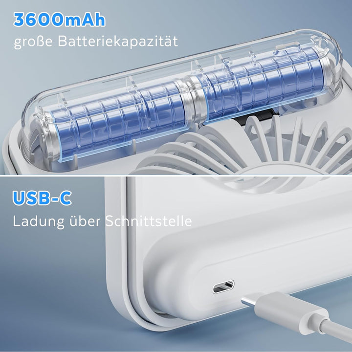 Klein Tischventilator USB Leise Ventilator Akku 3600mAh 5 Geschwindigkeiten 180°Einstellbar Tragbare
