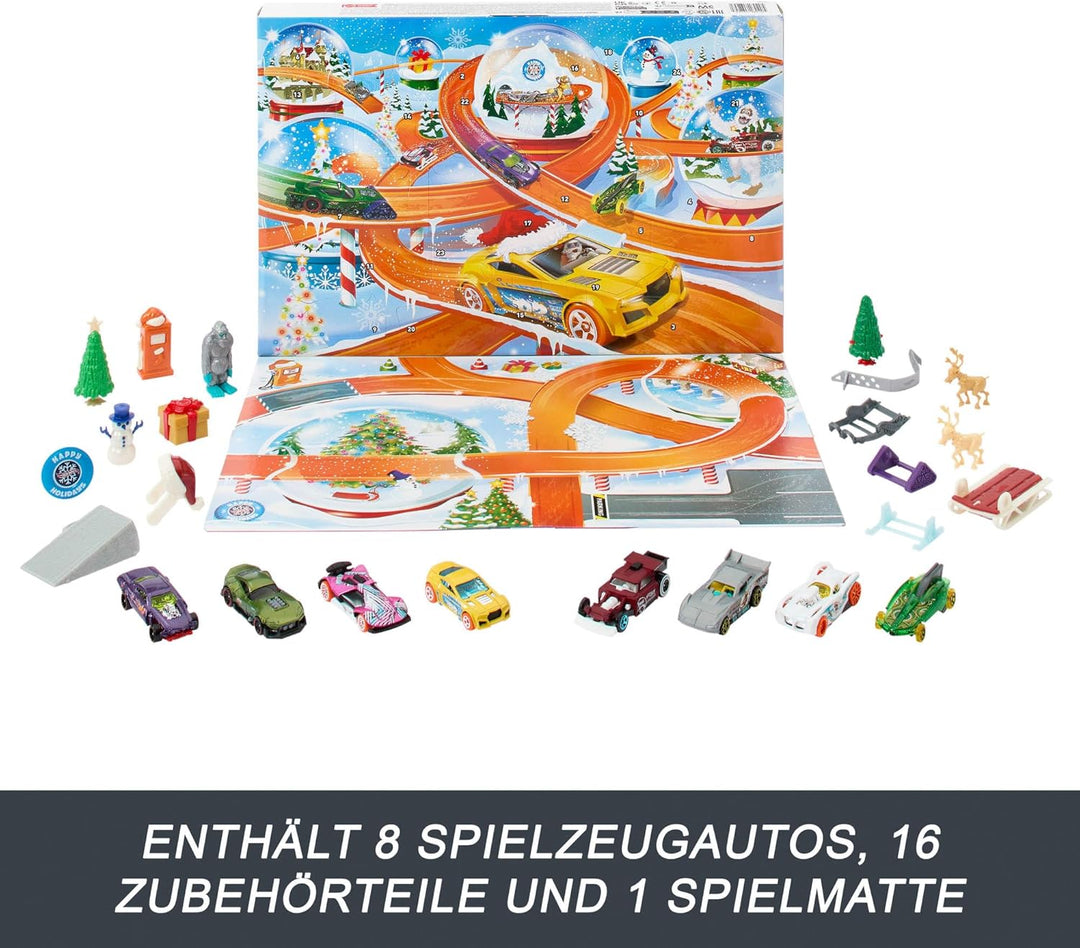 Hot Wheels Spielzeugautos, Adventskalender 2024, 8 Hot Wheels Autos im Massstab 1:64, hinter 24 numm