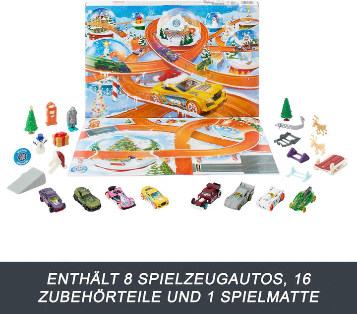Hot Wheels Spielzeugautos, Adventskalender 2024, 8 Hot Wheels Autos im Massstab 1:64, hinter 24 numm